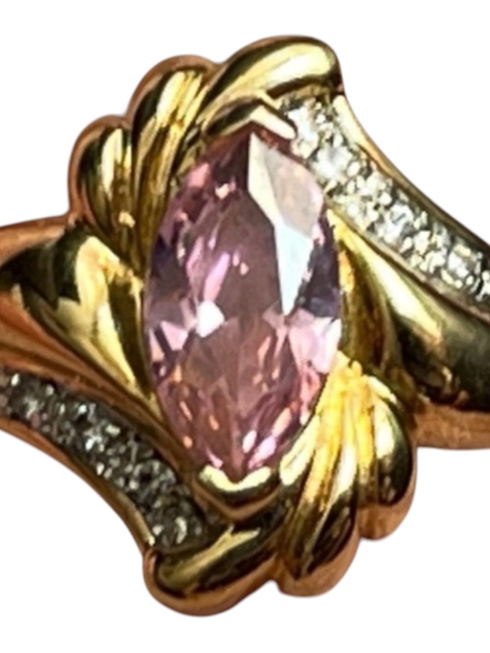 SETA Gold Vermeil Pink Rose Quartz Marquise Cut Ring Cubic Zirconia Pave SZ 7.5